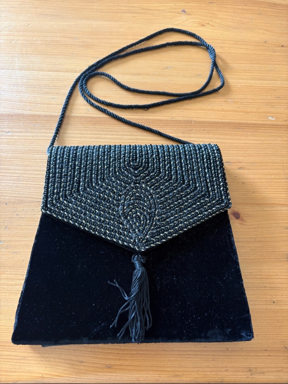 Black Velvet Evening Clutch with Beaded Flap and Tassel